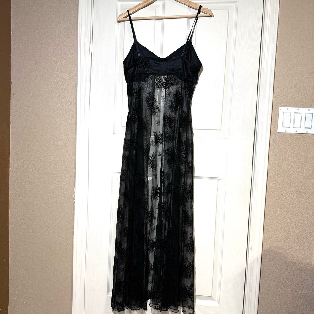 Sheer Black Velvet Floral Lace Slip Maxi Dress Rose Bow Whimsygoth Fairy Grunge - Picture 3 of 15